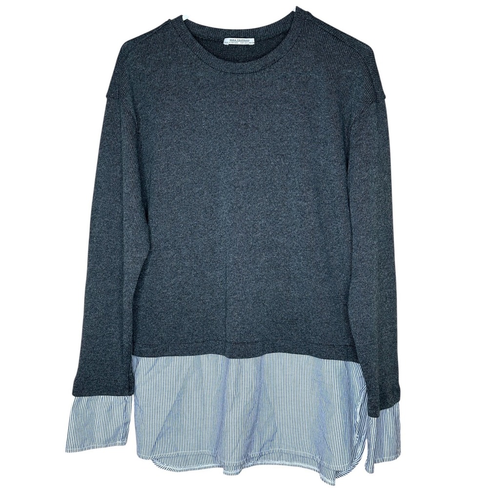 Zara Trafaluc Gray Knit Layered Pinstripe Shirt Hem Sweater Women's L Portugal